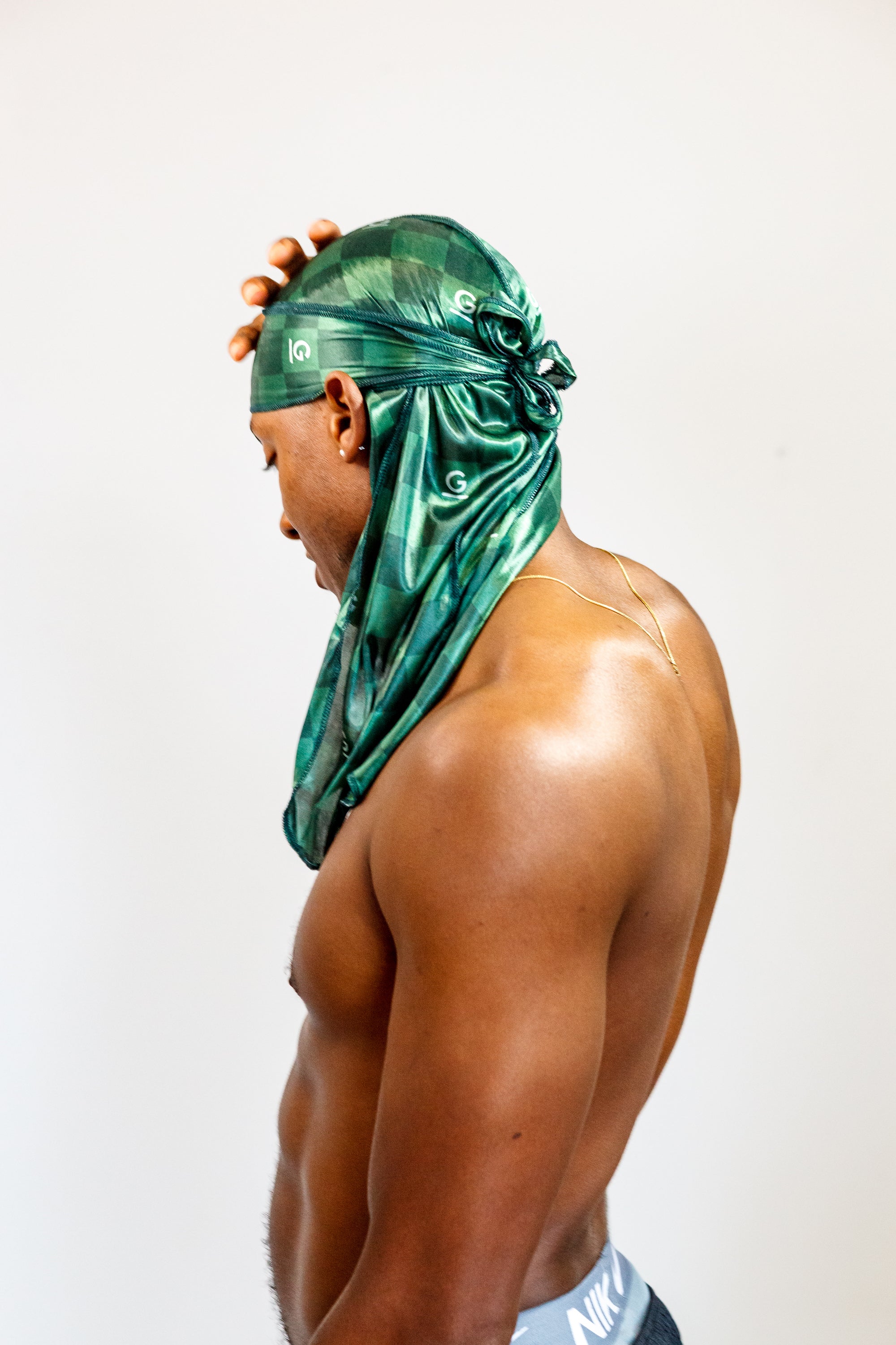 Glory By Us durag with custom Glory imprint and design. tied view